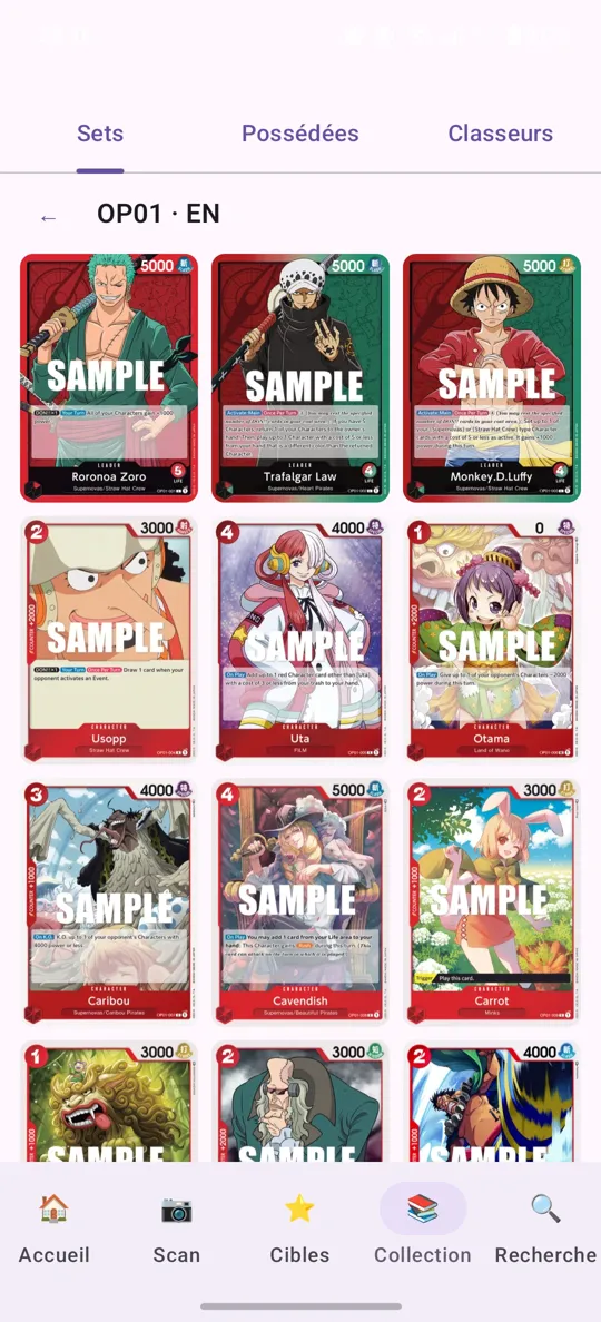 Set browser with the cards of OP01